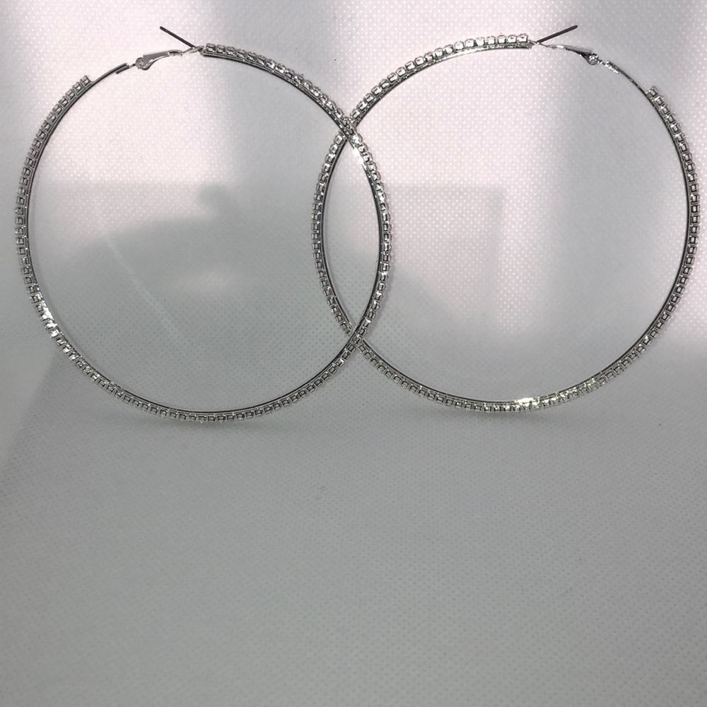 New!Hoop Rhinestone Earrings Silver -Large